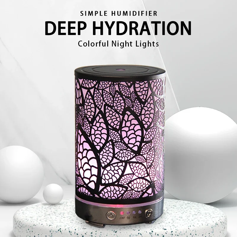 Aroma Diffuser Essential Oil Lamp 100ml Portable metal hollow Cold Mist Air Humidifier with Color LED Night Light