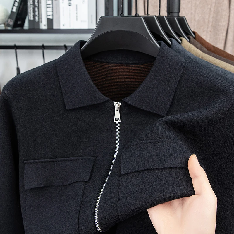 الرجال الفاخرة سترة مشغولة من الصوف طويلة الأكمام التلبيب سميكة سستة جيب مزدوج بلون الخريف الشتاء موضة الرجال عادية #4