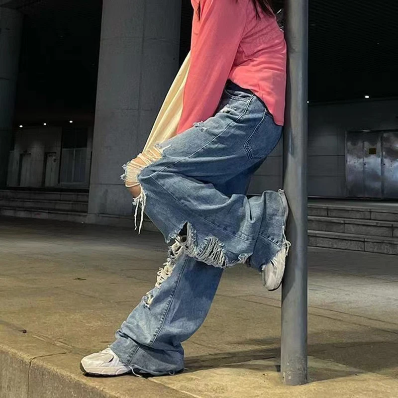 Streetwear Gerade Hosen Damen Zerrissenen Jeans Hohe Taille Lose Breite Bein Hosen Damen Jeans Y2K Plus Größe High Street Jeans