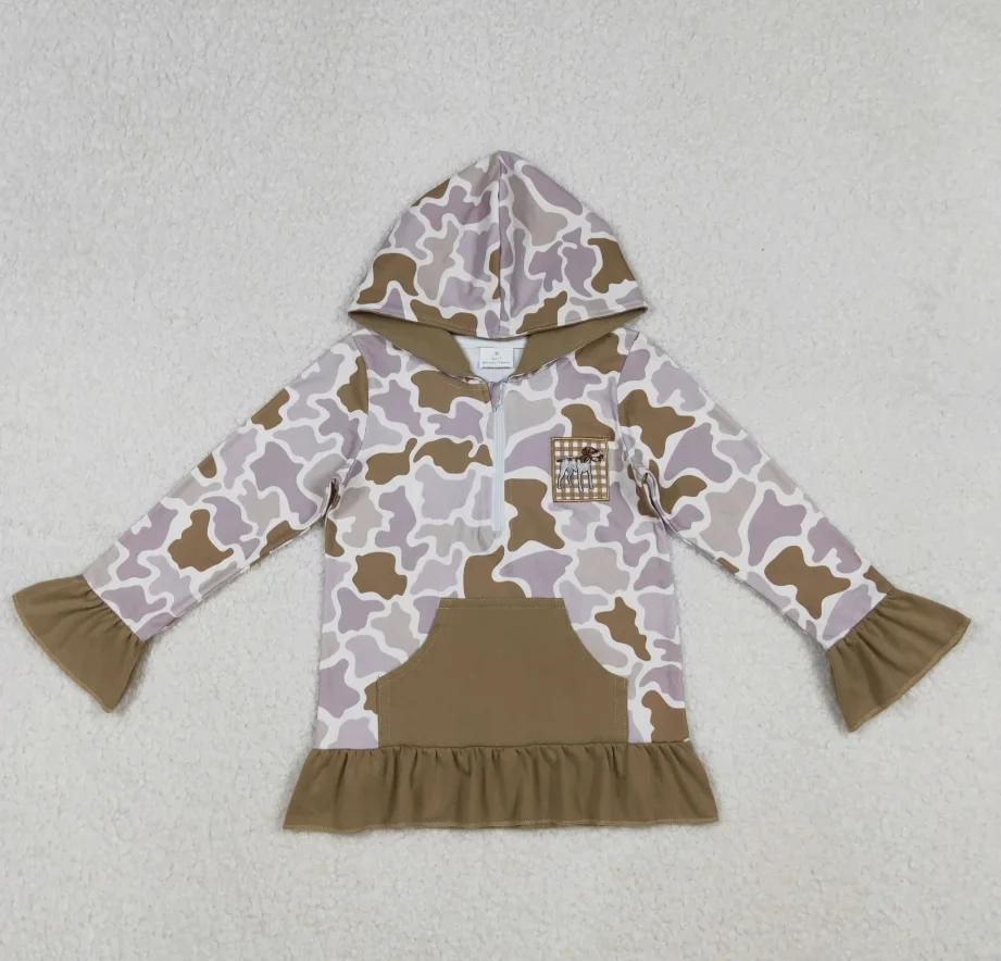 

RTS Kids Girl Zipper Shirt Camo Hoodie Pullover Sweatshirt Children Fall Clothing Toddler Girls Embroidery Shirts