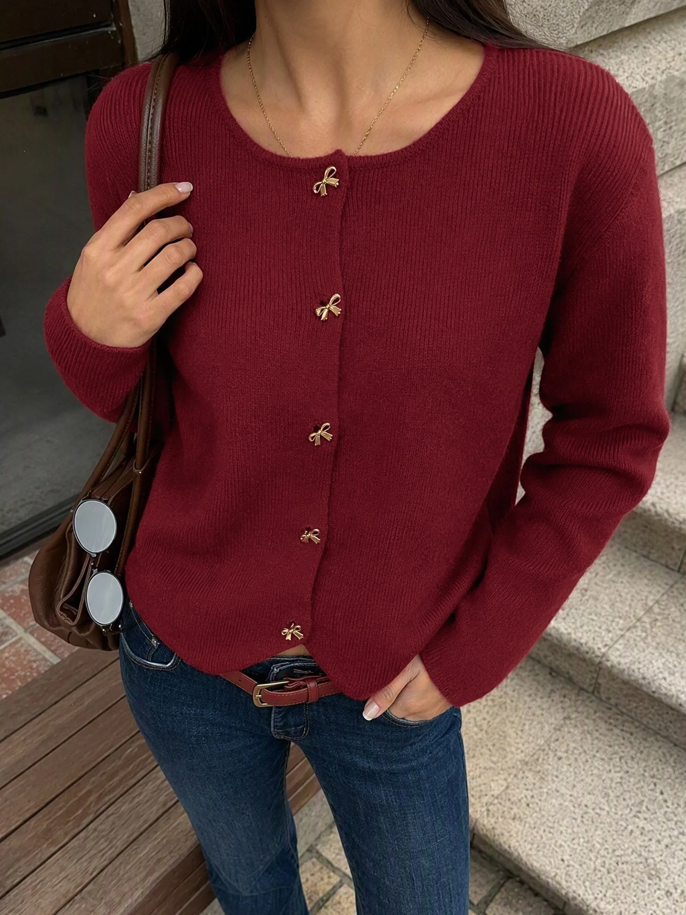 Women Burgundy Knitted Cardigan Temperament Fashion Bow Button Long Sleeve Soft Sweater Christmas O-Neck Loose Retro Coat Tops