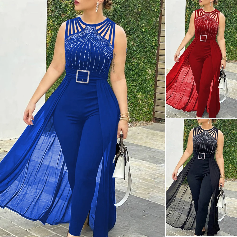 

Women's Jumpsuits Autumn 2025 Casual Elegant Solid Color Sleeveless Round Neck Wide Leg Jumpsuit Sequin Jumpsuits
