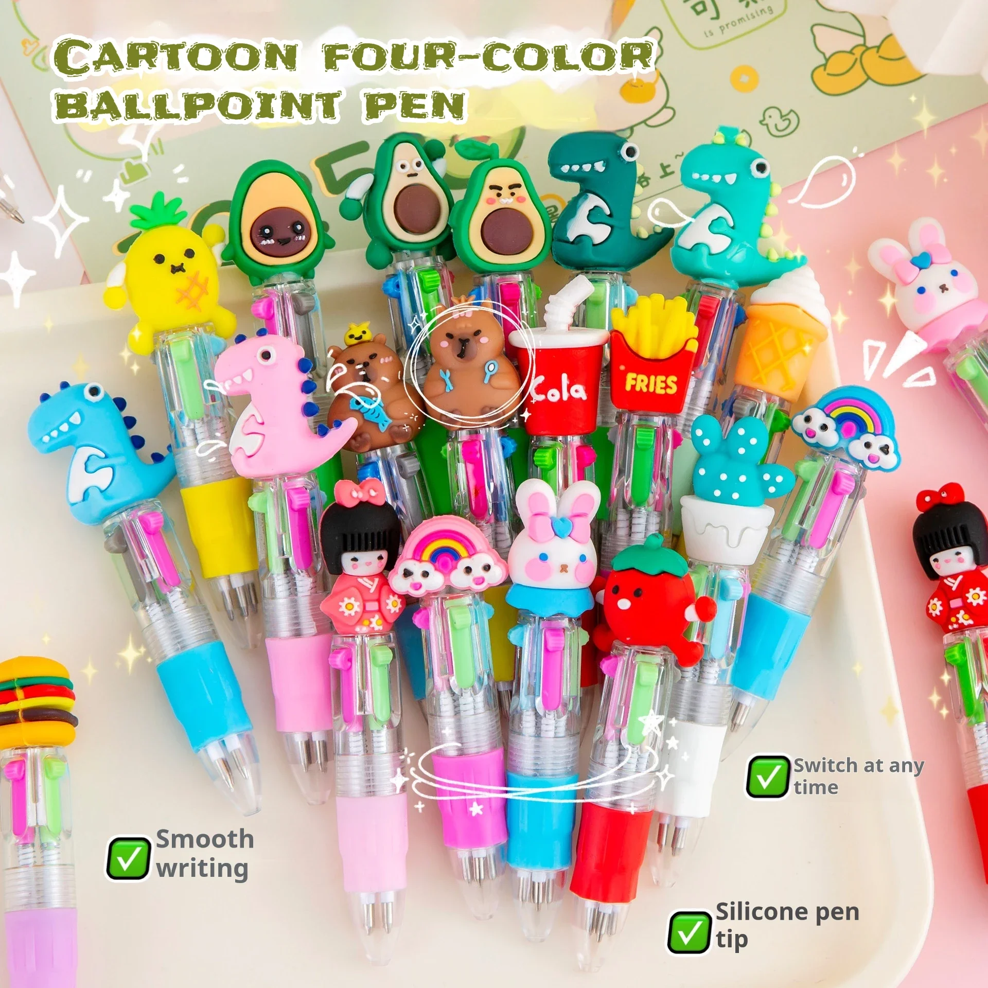 2Pcs/Lot Cute Cartoon Four-Color Mini Ballpoint Pen Kawaii Rabbit Capybara Multicolor Oil Pen School Student Stationery Gifts