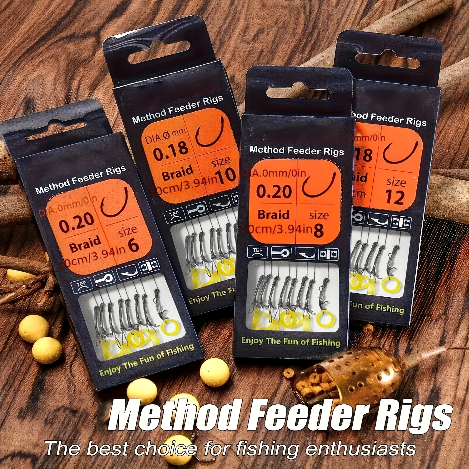 8pcs Method Feeder Rigs with Pellet/Bait Band,Pre-Tied Braided Line for Boilies,Fishing Hooks Size from 6 to 12