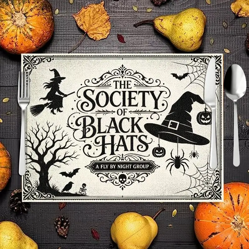 VIKAMA Society of Black Hats Halloween Placemat Witch Bat Pumpkin Print Linen Table Mat Gothic Spooky Dinner Party Home Decor