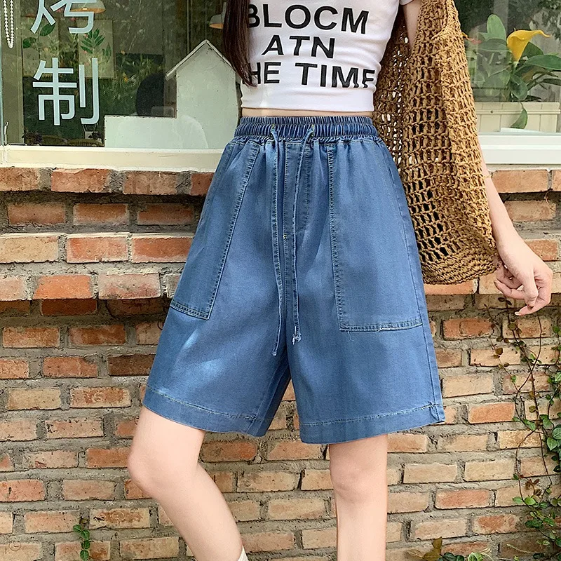 2024 Summer New Denim Pants Women Solid Color Drawstring High Waist Loose Pants Office Lady Versatile Casual Short Jeans Female