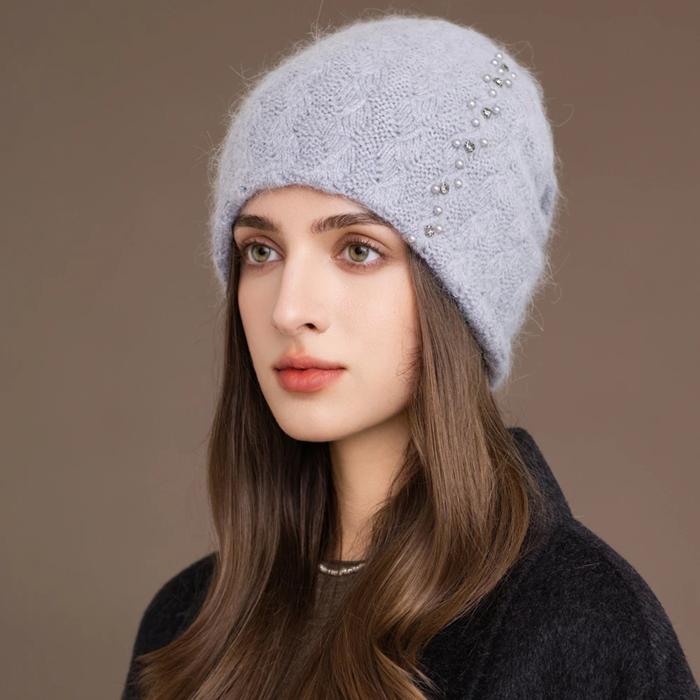 Neue Stil Winter Frauen Hut Schmücken Beanie Hut Kaninchen Fell Mischung Warme Winter Kappe Y2K Weibliche Casual Streetwear Gestrickte Hut