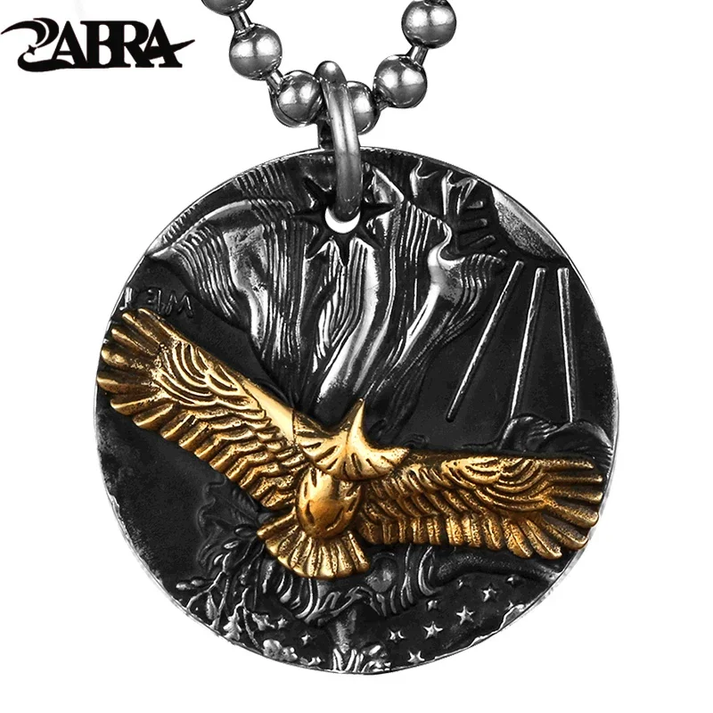 ZABRA Gothic Authentic Pure 999 Sterling Silver Round Brass Eagle Pendant For Men Vintage Punk Rock Thai Silver Jewelry For Male