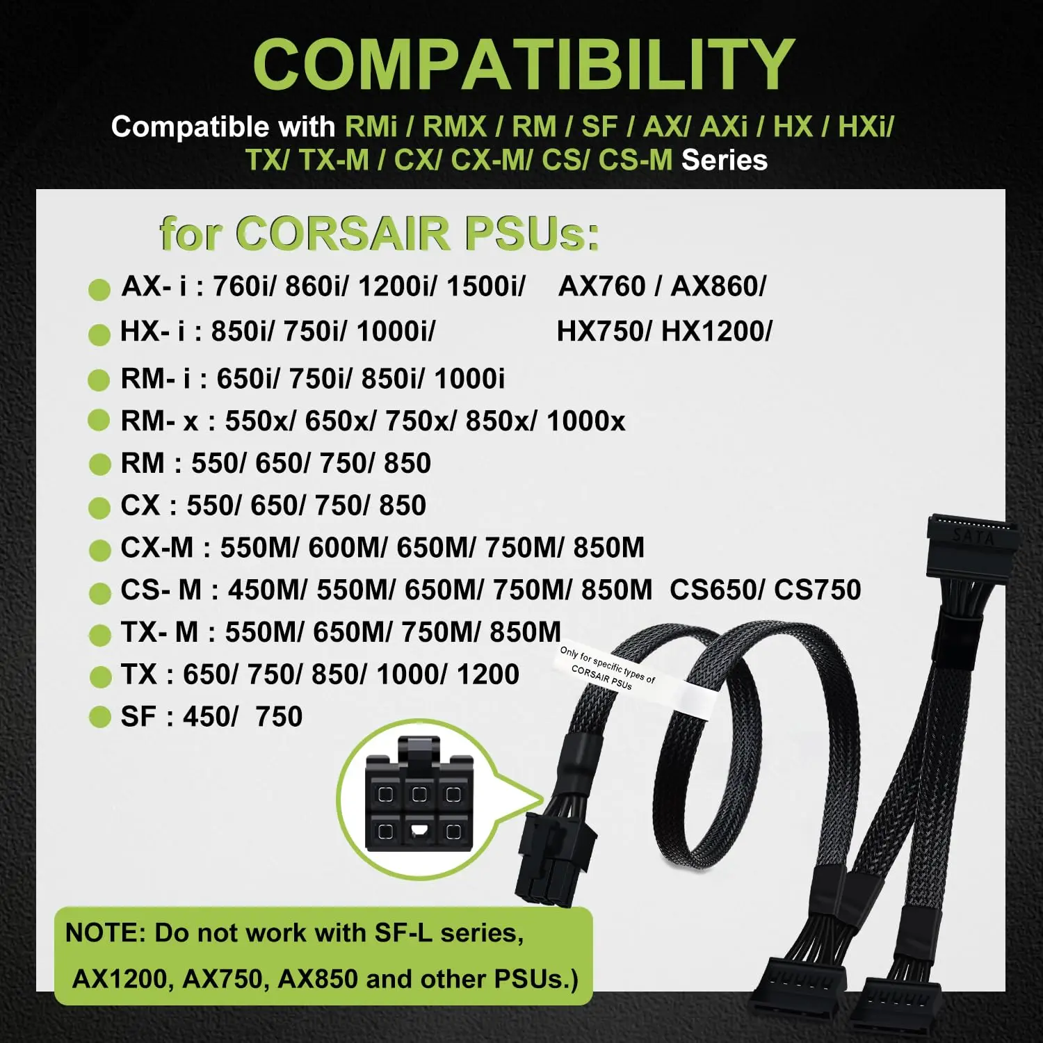 JonISerl SATA Power Cable for Corsair PSUs, 6 Pin to 3X 15 Pin SATA Hard Drive Power Adapter Splitter for BTC Mining Riser Card