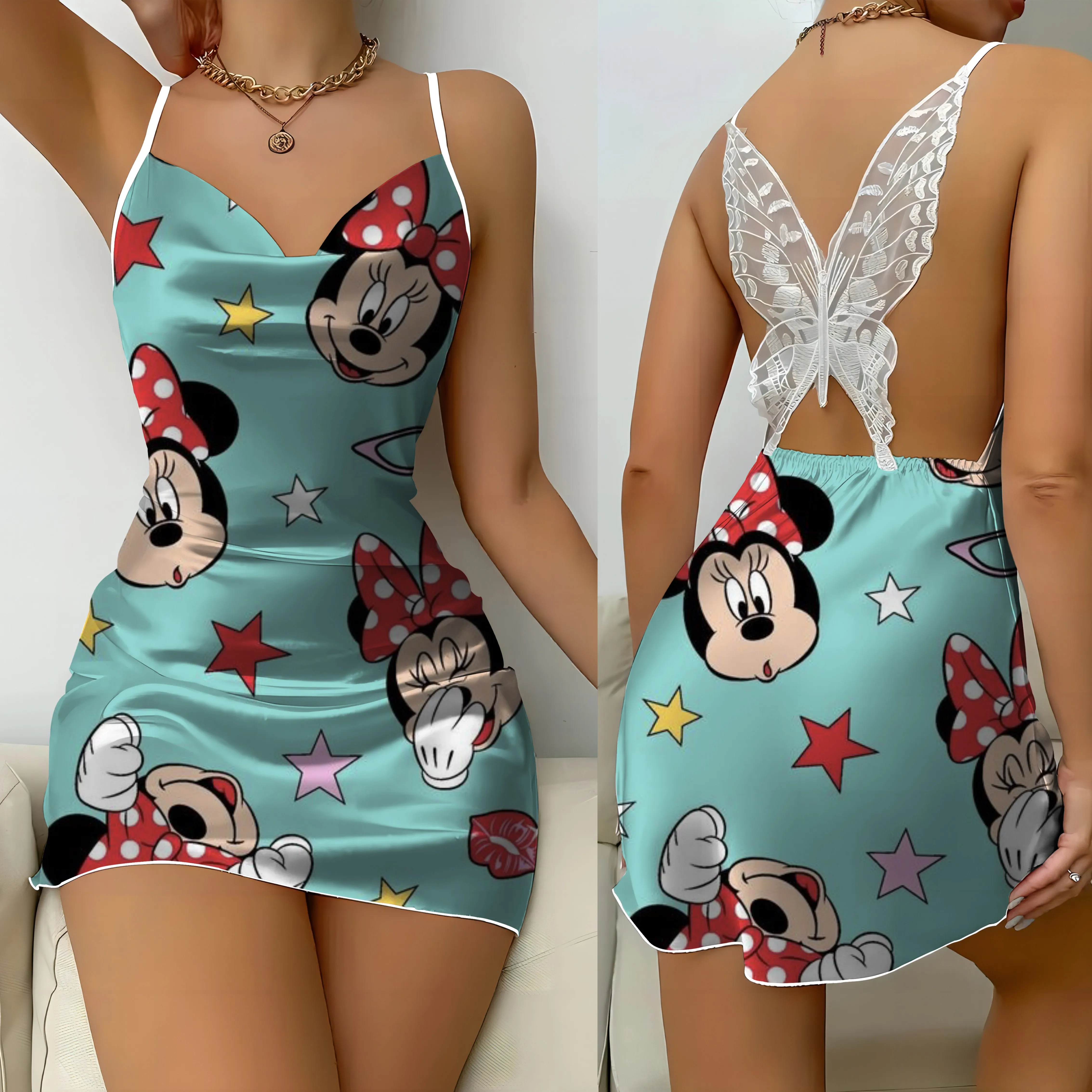 

Women's Summer Dress Pajama Skirt Bow Knot Minnie Mouse Womens Dresses Disney Satin Surface Mickey Fashion 2024 Party Mini Sexy