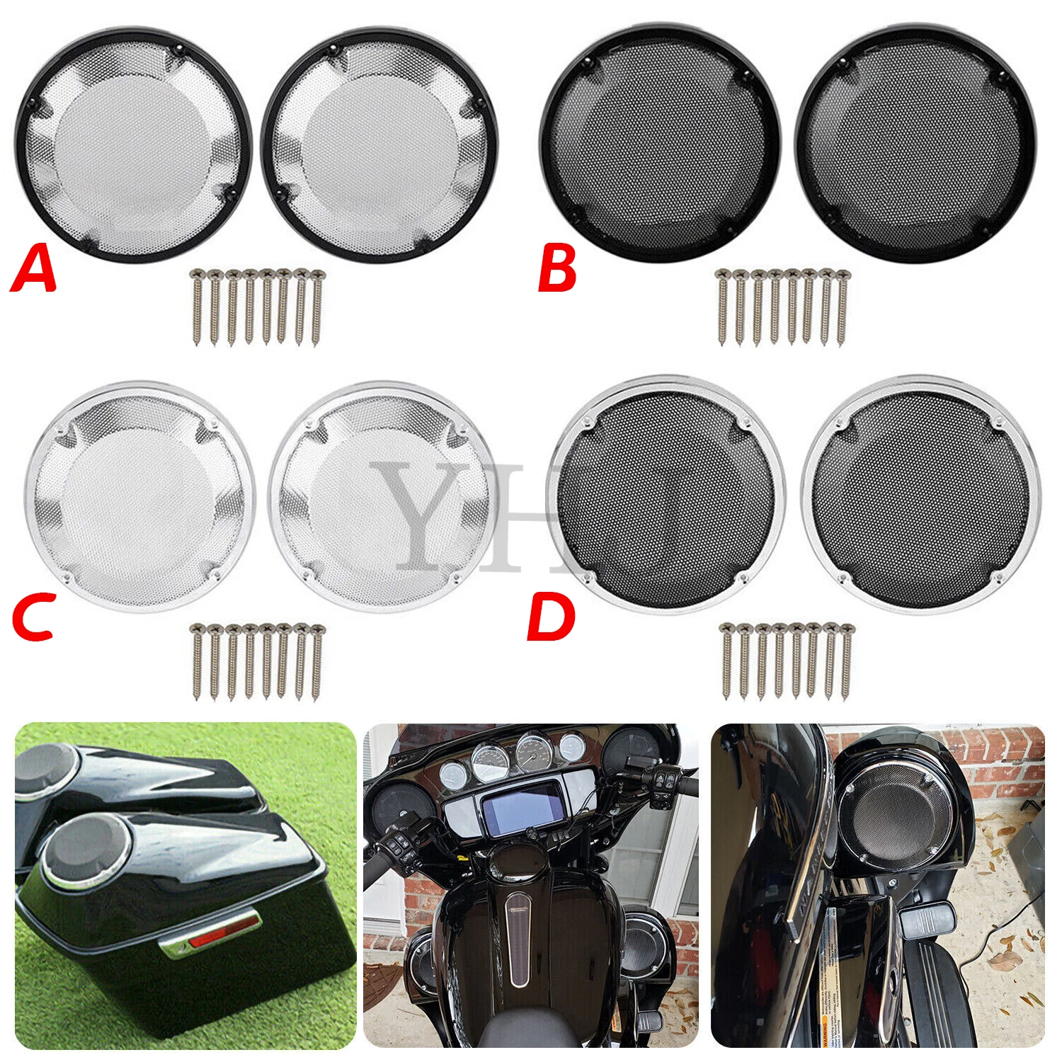 

6.5" Motorcycle Saddlebag Lid Speaker Grill Cover Chrome/Black For Harley Touring Road King Street Electra Road Glide 1983-2022