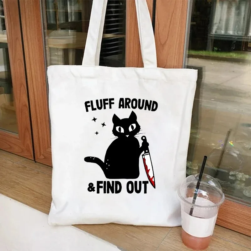 Cartoon Black Cat Women Tote Bags Eco Canvas Shoulder Bags Shopper Handbag Lady PortableTravel Storage Fashion Girl Handbags