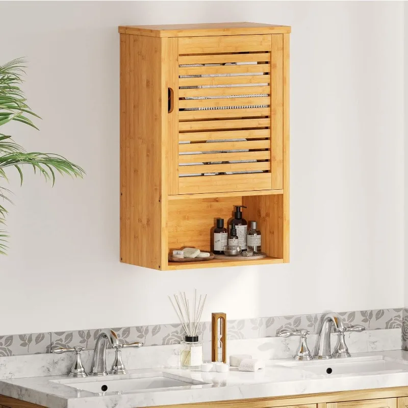 Bathroom Wall Cabinet, Wooden Medicine Cabinet with Single Door and Adjustable Inner Shelf, Bamboo Storage Cabinet