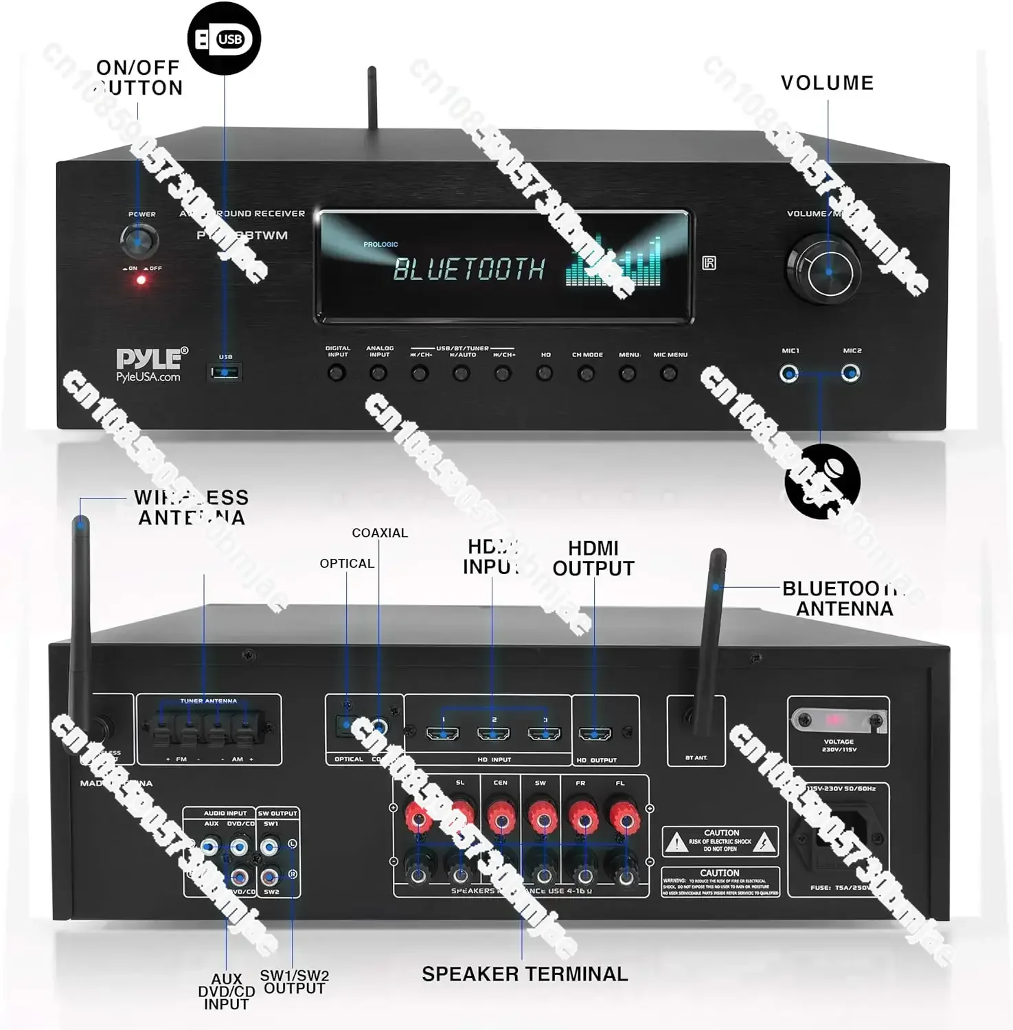 1000W Bluetooth Home Theater Karaoke Receiver - 5.2-Ch Stereo Amplifier 2 UHF Wireless Microphone Video Pass