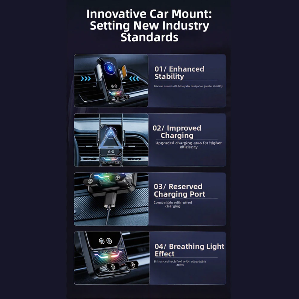 Wireless Car Phone Charger Holder with 15W Charging Support and Induction-Driven Clamping for Multiple Smartphones