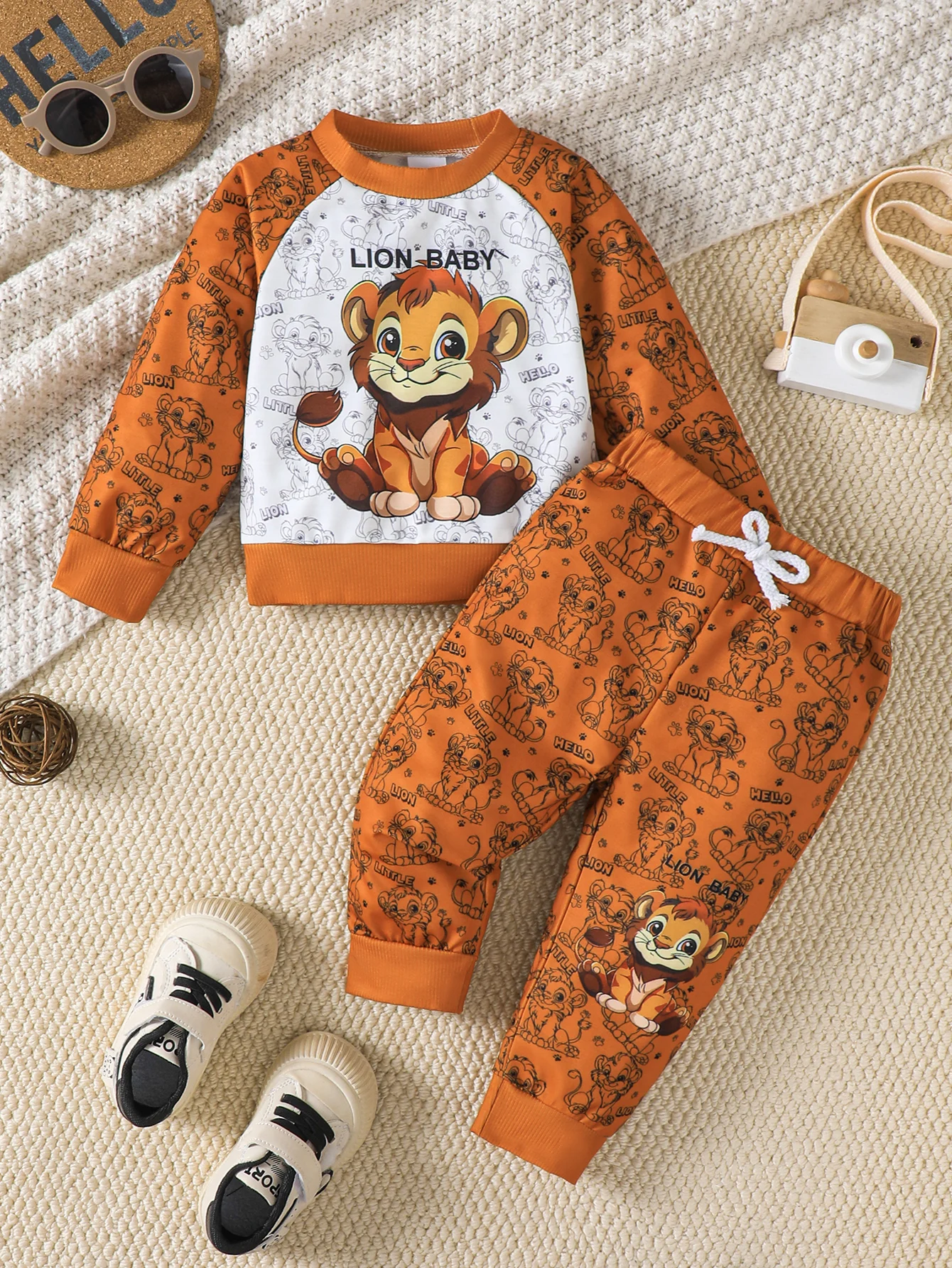 Cute Lion Print 2PCS Cartoon Clothes Set for Kids Boy 1-5 Years Old Long Sleeve Top with Full Printed Pants Spring Outfits