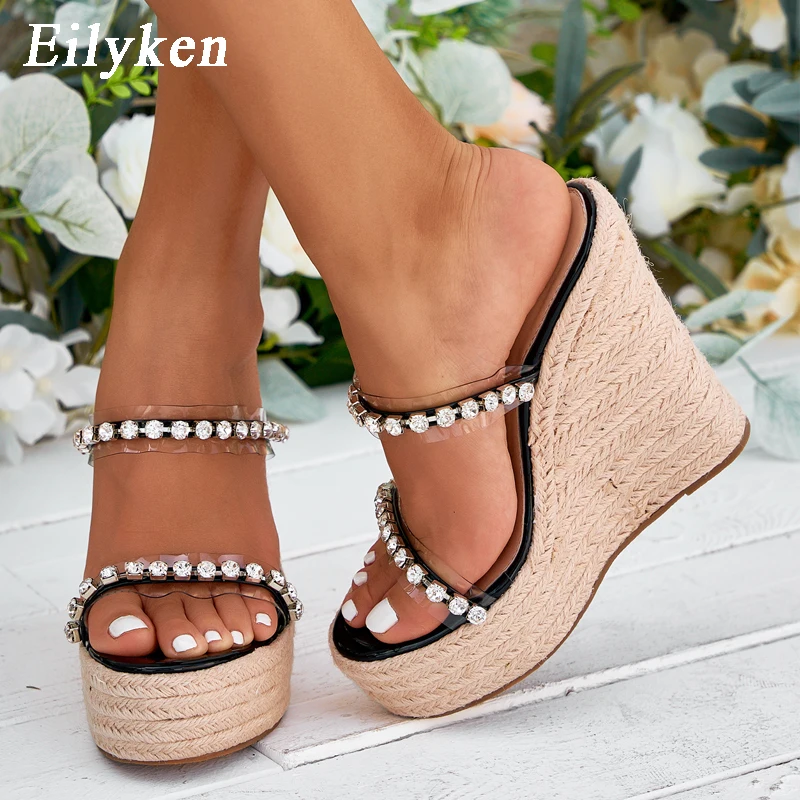 Eilyken 2024 New CRYSTAL Platform zeppe pantofole estate Peep Toe scarpe donna Sexy Super High Mules sandali femminili