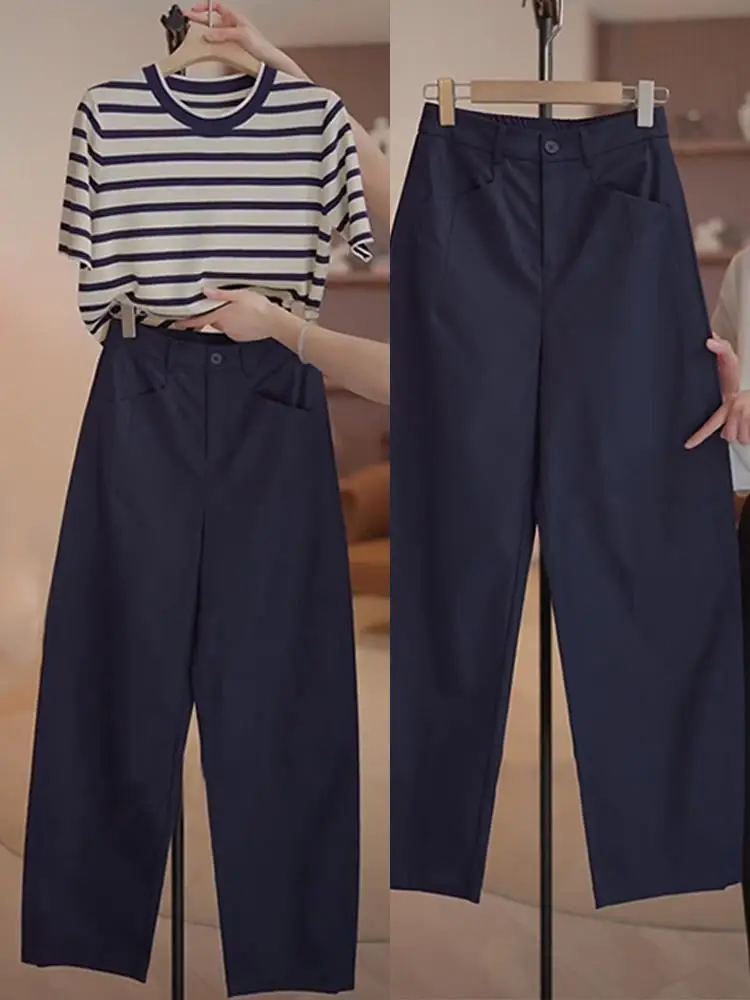 

Лето 2023, женская футболка Faion Stripe ort Sve, повседневные брюки с высокой талией, комплект из двух предметов, модная рабочая одежда, orm