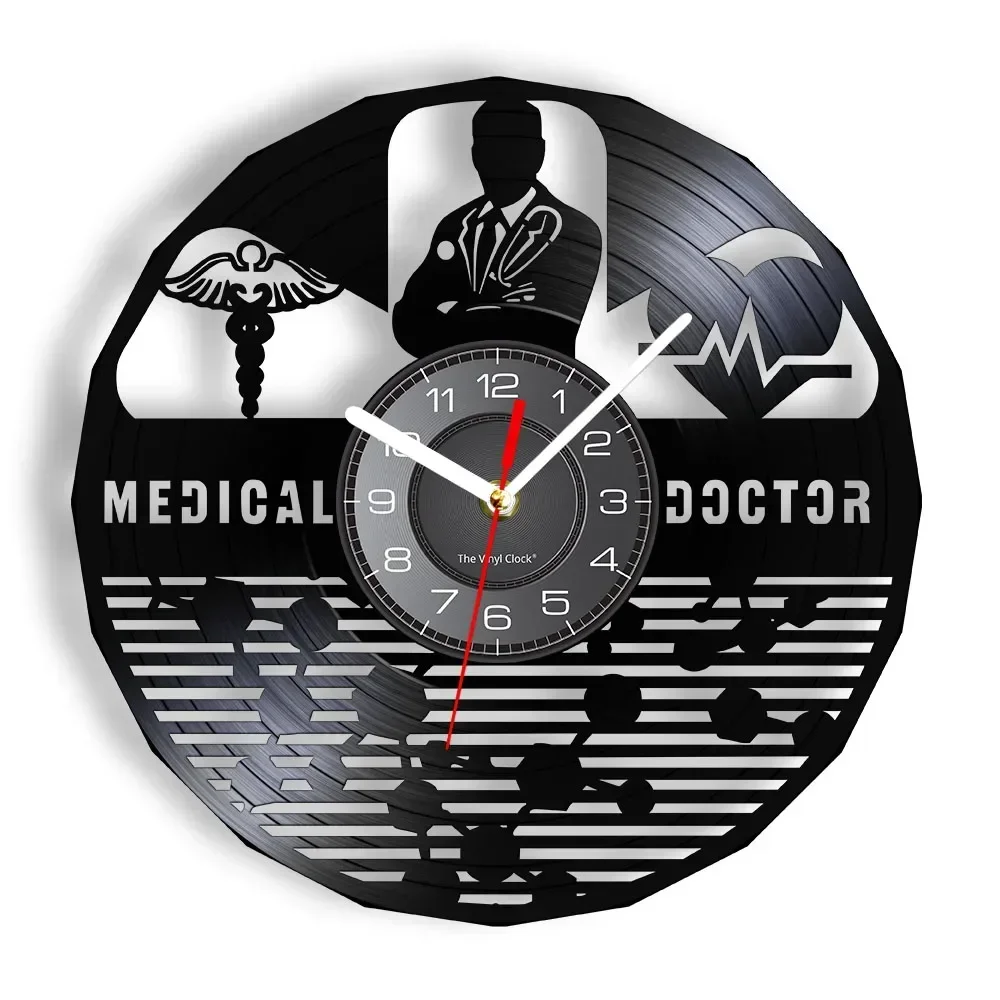 Medical Doctor Hospital Sign MD Symbol Wall Clock Rod of Asclepius Staff of Caduceus Hospital Doctor Office Vinyl Record Clock