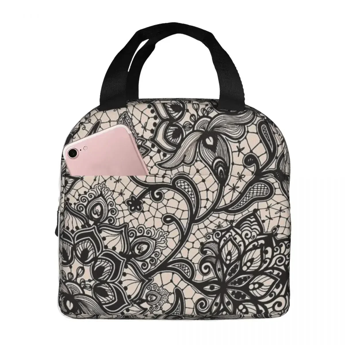 

Black Lace Paisley Pattern Lunch Bag Waterproof Insulated Canvas Cooler Thermal Food Picnic Lunch Box for Women Girl