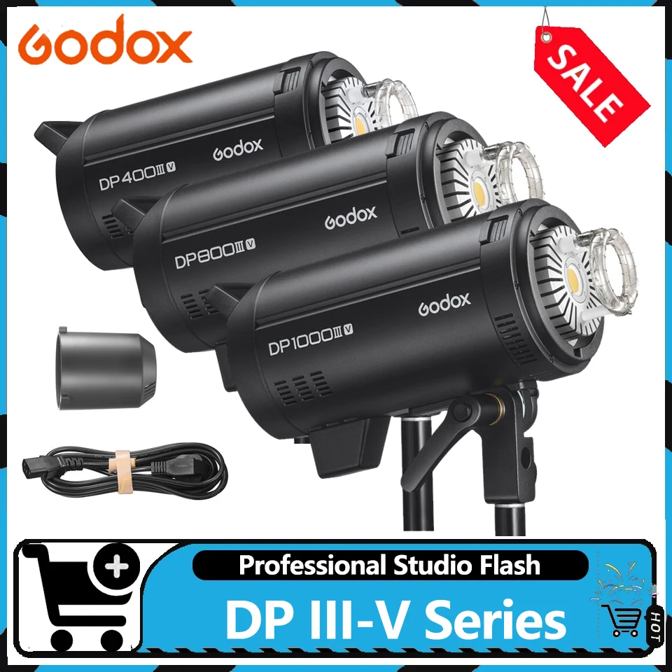 

Профессиональные студийные вспышки Godox DP400III-V, DP600III-V, DP800III-V, DP1000III-V со светодиодной лампой для моделирования света, время перезарядки от 0,1 до 1,0 с