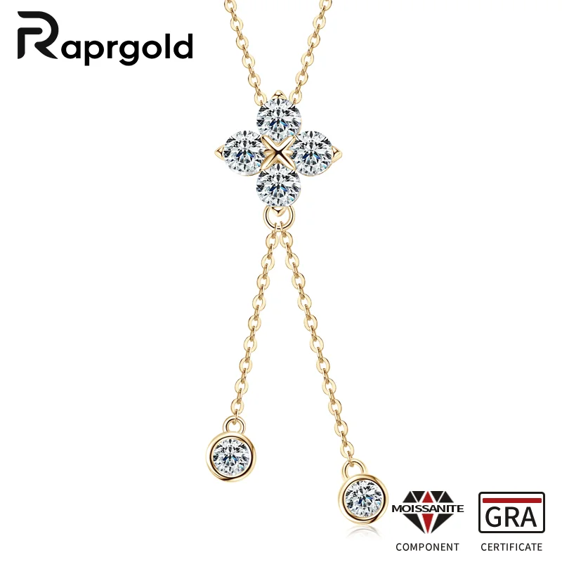 RAPRGOLD Round Moissanite Four-leaf Clover Pendant Necklace for Women S925 Sterling Silver Tassel Necklaces Chain Jewelry Gifts