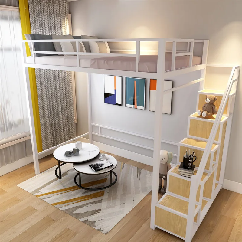 Wrought iron loft bed under table elevated sheet upper loft small apartment space saving apartment double iron frame