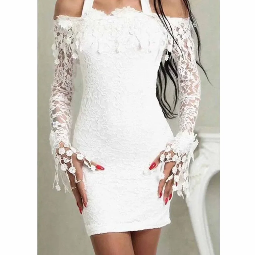 Robe en dentelle blanche à manches longues pour femmes, mini robe courte sexy, fête de mariage, soirée