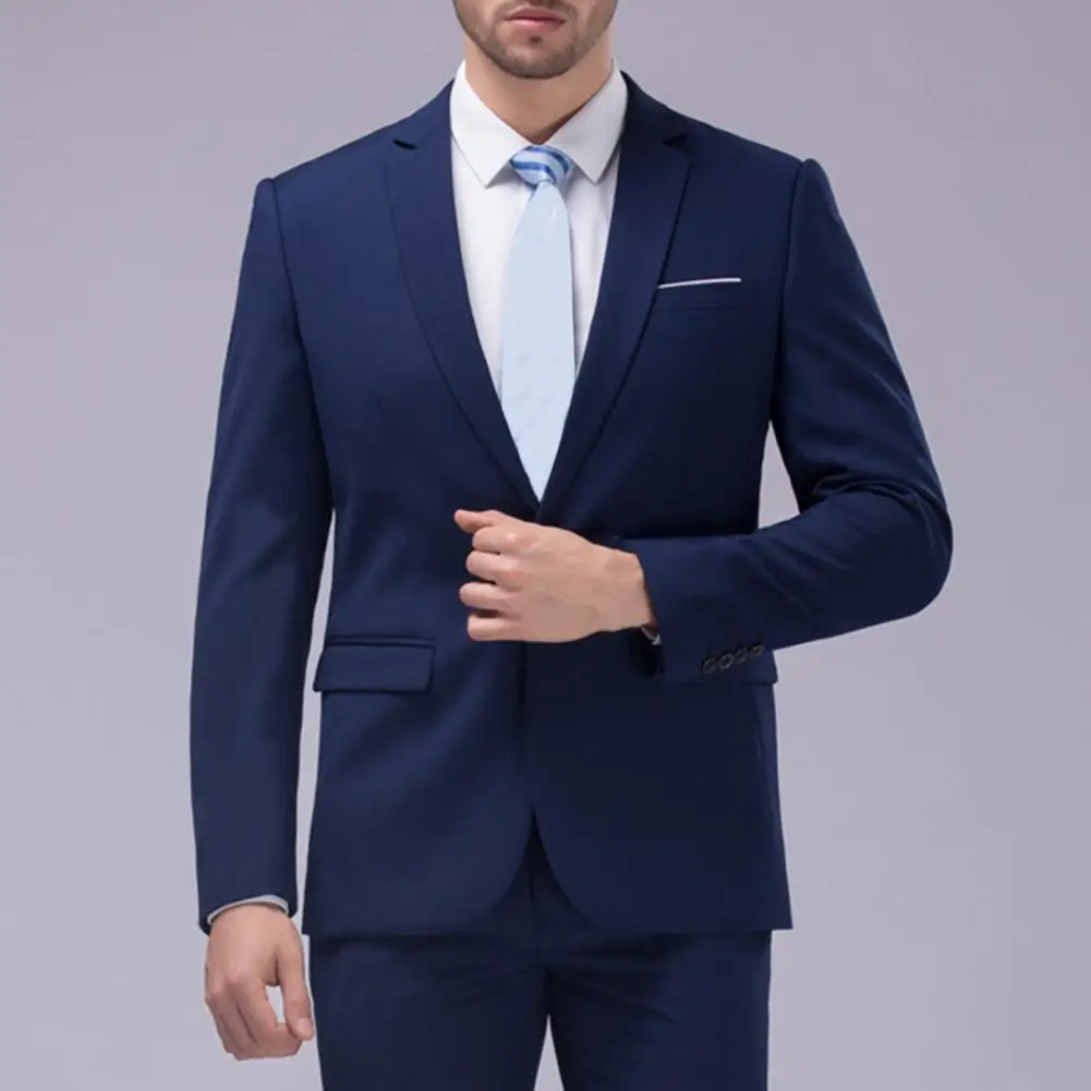 1 Set Blazer Pants Solid Color Turndown Collar Long Sleeve Slim Fit Two Buttons Formal Suit for Wedding Banquet Prom