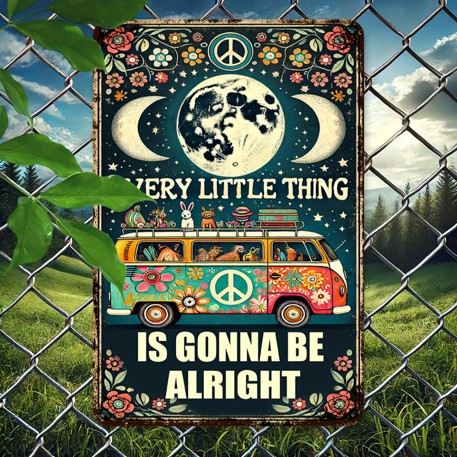 Hippie Decor Metal Plaque Sign - Vintage Psychedelic Van, Floral Patterns,