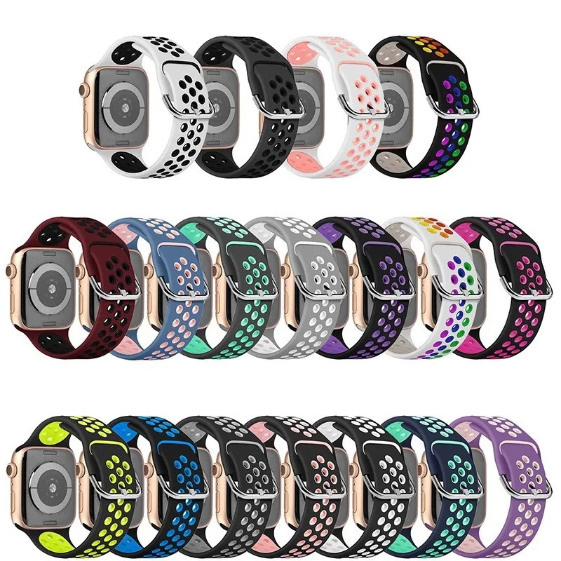 Zweifarbiges perforiertes Silikonarmband, geeignet für alle Serien der Apple Watch. Zweifarbiges schillerndes Silikonarmband