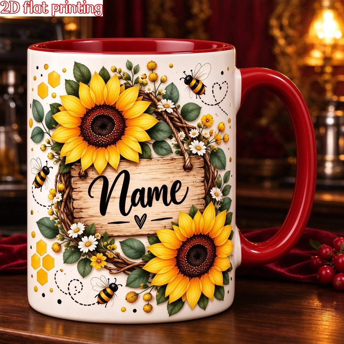 2D flat printing 1pc 11oz personalized custom sunflower bee mug, for birthday daily gift, home office use, hand wash only