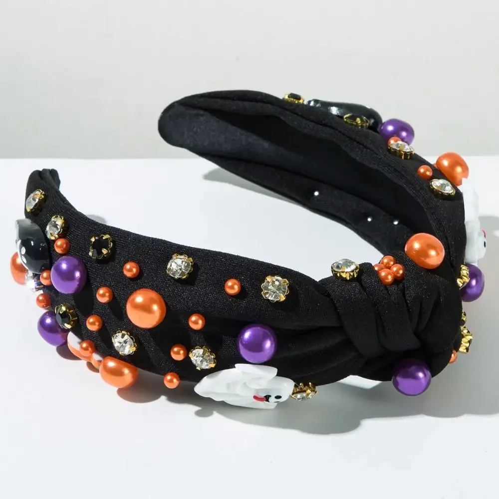 

Ghost Halloween Rhinestone Pearl Hairband Wide Edge Luxury Halloween Pearl Head Hoop Knot Style Fashion Pumpkin Baroque Headband