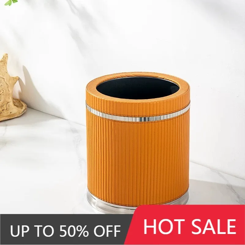 Stainless Steel Leather Trash Can Modern Creative Aesthetic Double Trash Bin Luxury Large Capacity Garbage Cans Home Supplies