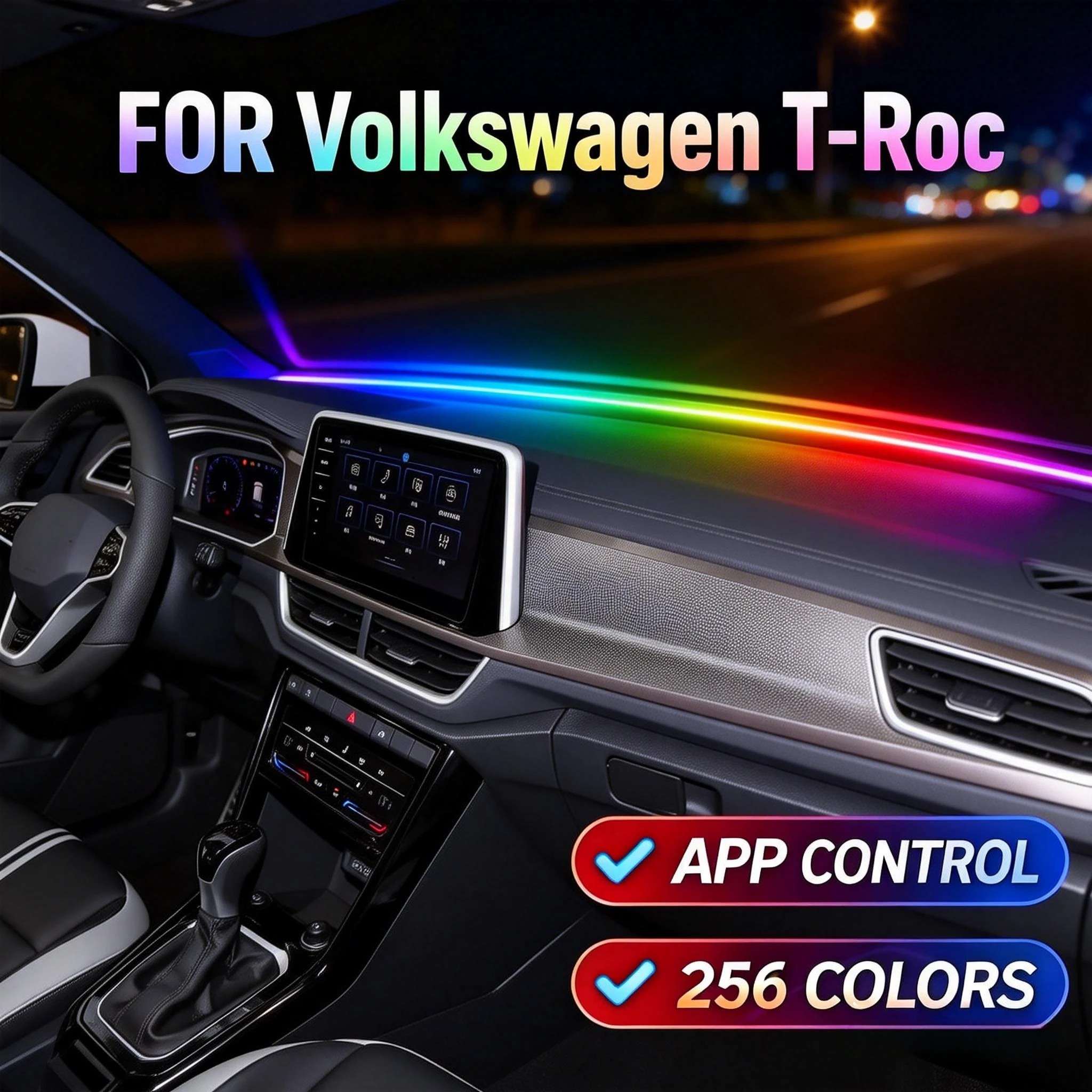 For Volkswagen T-Roc  Car Front Window Ambient Light - Dynamic RGB Color Changing for Car Interior