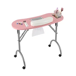 Portable & Foldable Manicure Table Nail Desk Workstation with Suction/Client Wrist Pad/Controllable Wheels for Spa Beauty Salon