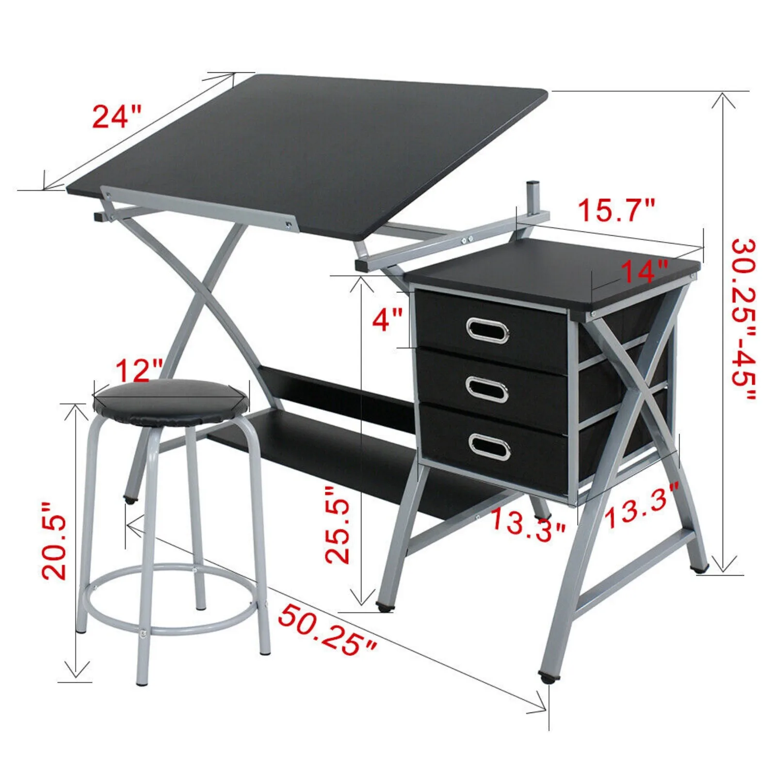 US Drafting Table Adjustable Drawing Table Artist Craft Desk w/2 Drawers and Stool