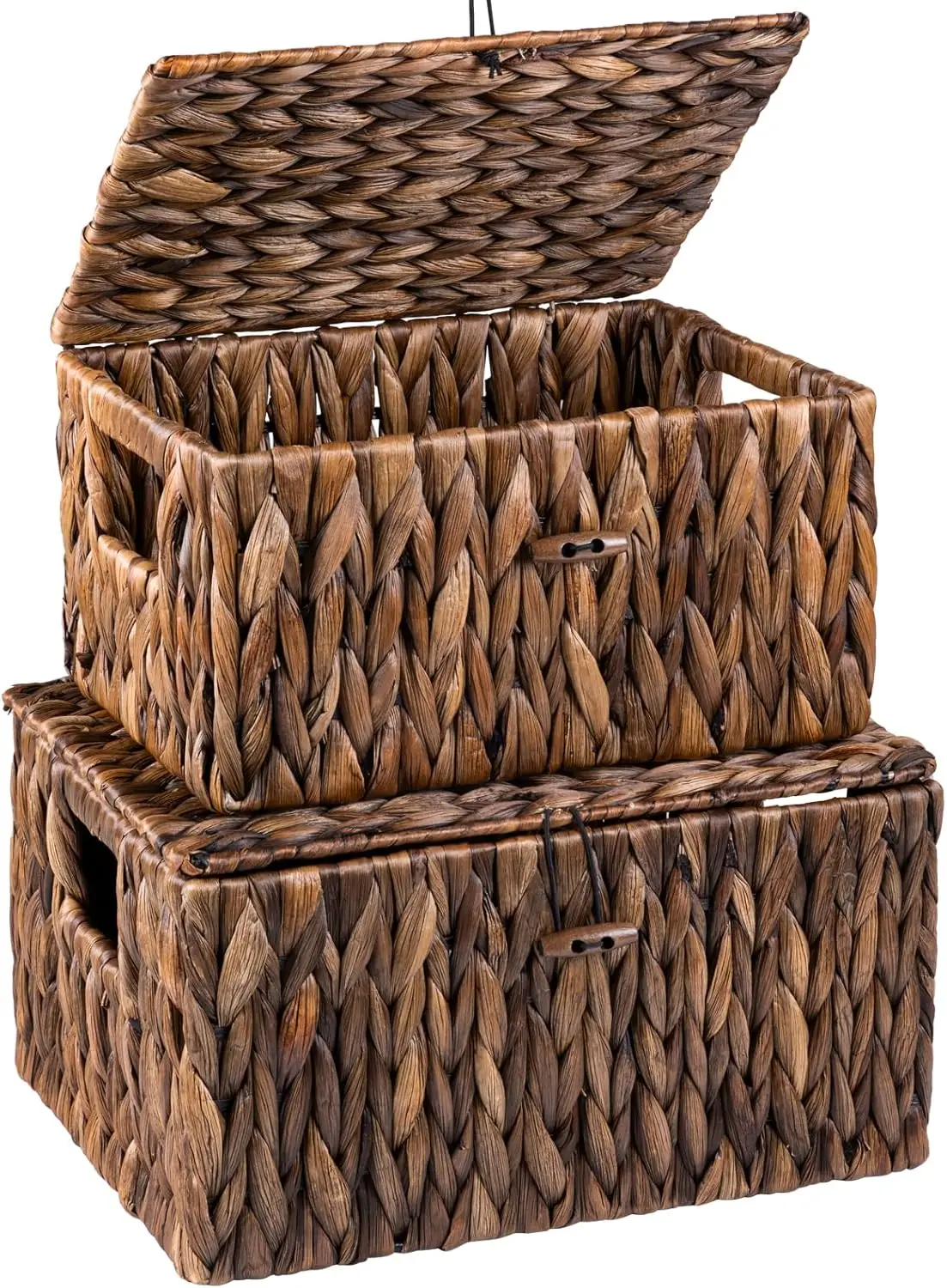 

Natural Water Hyacinth Storage Basket Set with Lid & Handle, 2-Pack in Rustic Brown for Home Organizing