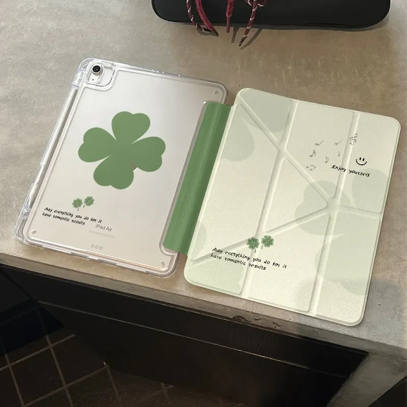 

Korean Ins Style Clover For iPad Case iPad 11/Air 7/6/Pro 5/4 & iPad 9/8 - Cute Y-Fold Clear Transparent Cover with Pencil Slot