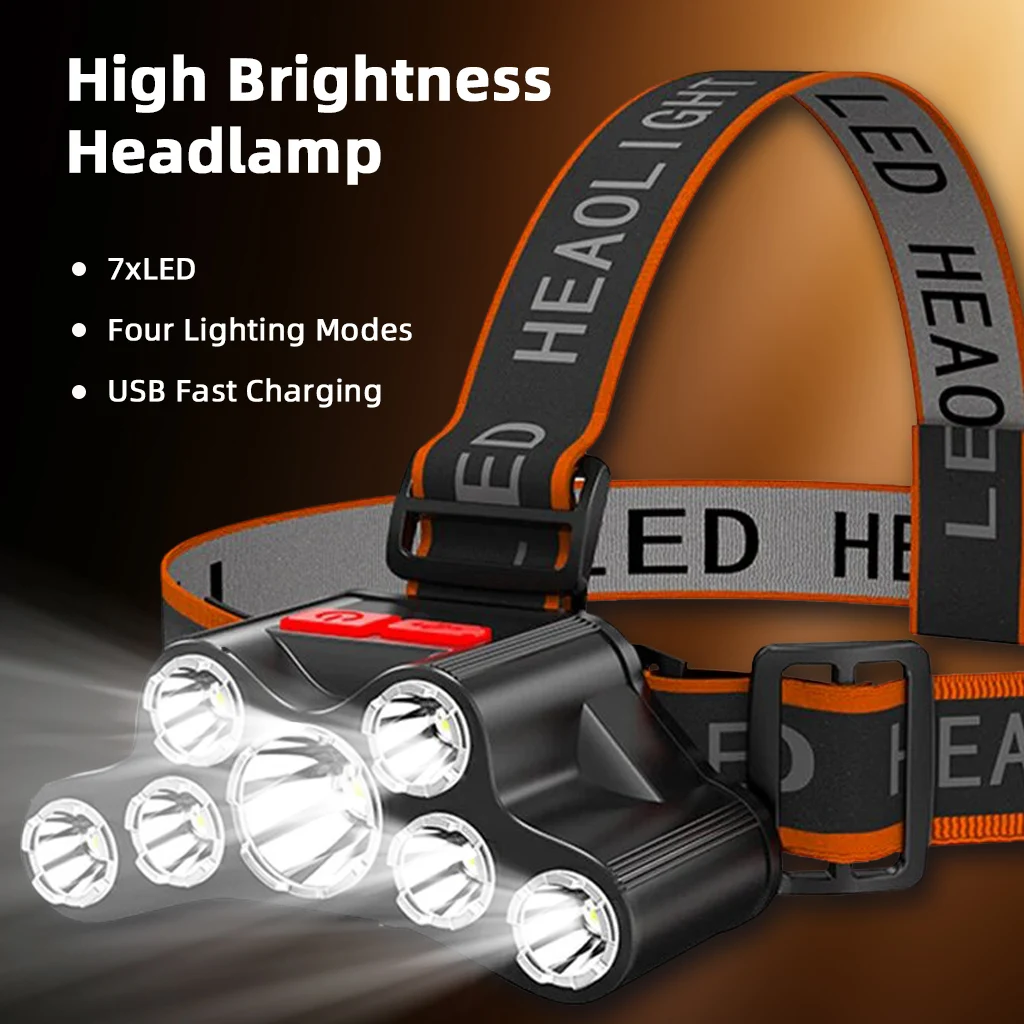 7LED Headlight USB Rechargeable Headlamp 300LM Torch Cycling Light Waterproof Camping Hiking Lighting Head-mounted  Fishing
