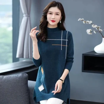 2023 Autumn/Winter Women Sweater Pullover High End Casual Versatile Half High Collar Mid length Knit Dress Bottom Shirt Female