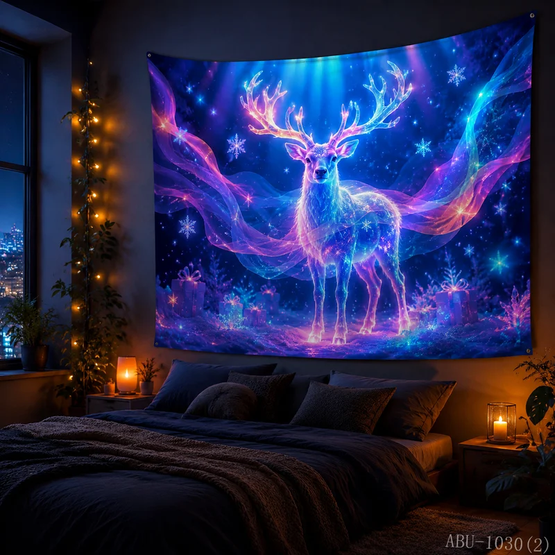 VIKAMA Cyber Neon Wire Frame Elk Christmas Tree Tapestry HD Background Cloth Festival Atmosphere Room Decoration