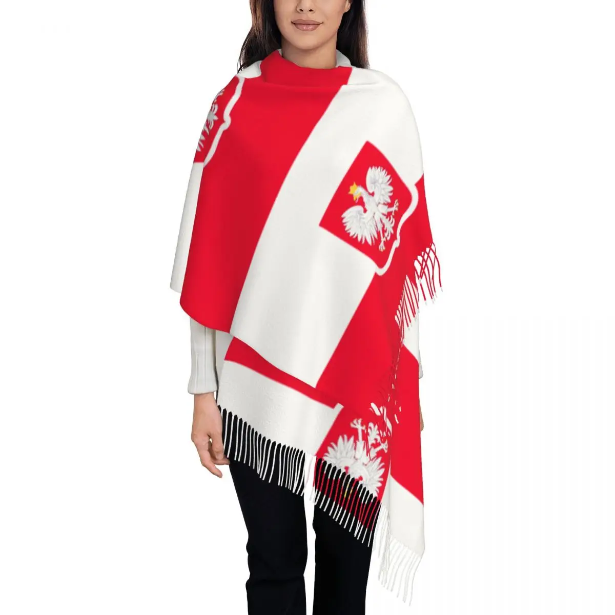 Women's Tassel Scarf Polska Flag Large Winter Warm Shawl Wrap Polish Poland Daily Wear Cashmere Scarf