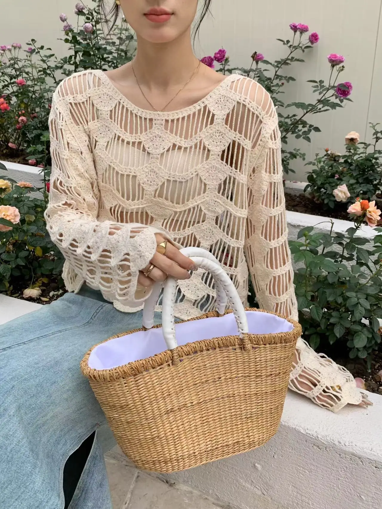 Pull en tricot amissié transparent à manches longues pour femmes, haut au crochet, pull évidé, tenue de plage de vacances Boho, printemps, été