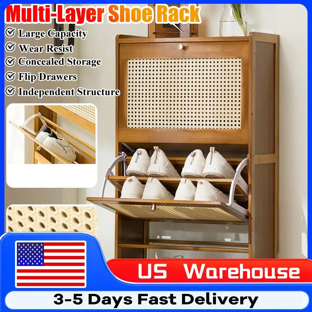 

Free Standing Shoe Rack with 2 Flip Drawers Entrance Shoe Storage Cabinet Wear Resist Adjustable Shelves Rack for Indoor Outdoor