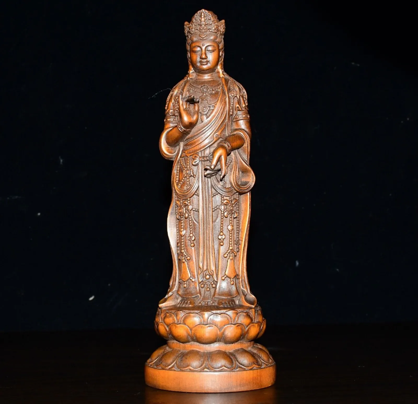 Statue en bois vintage, sculpture Guanyin, figurine Bodhisattva Compassion Lotus