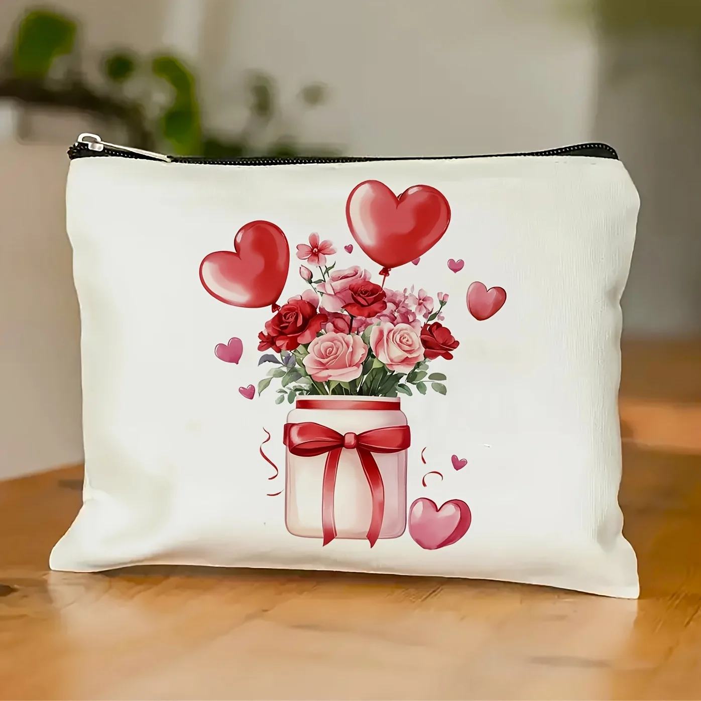

AValentine's Day Rose Vase And Red Heart Balloon Makeup Bag - Multifunctional Zipper Pouch, Jewelry Storage Bag,