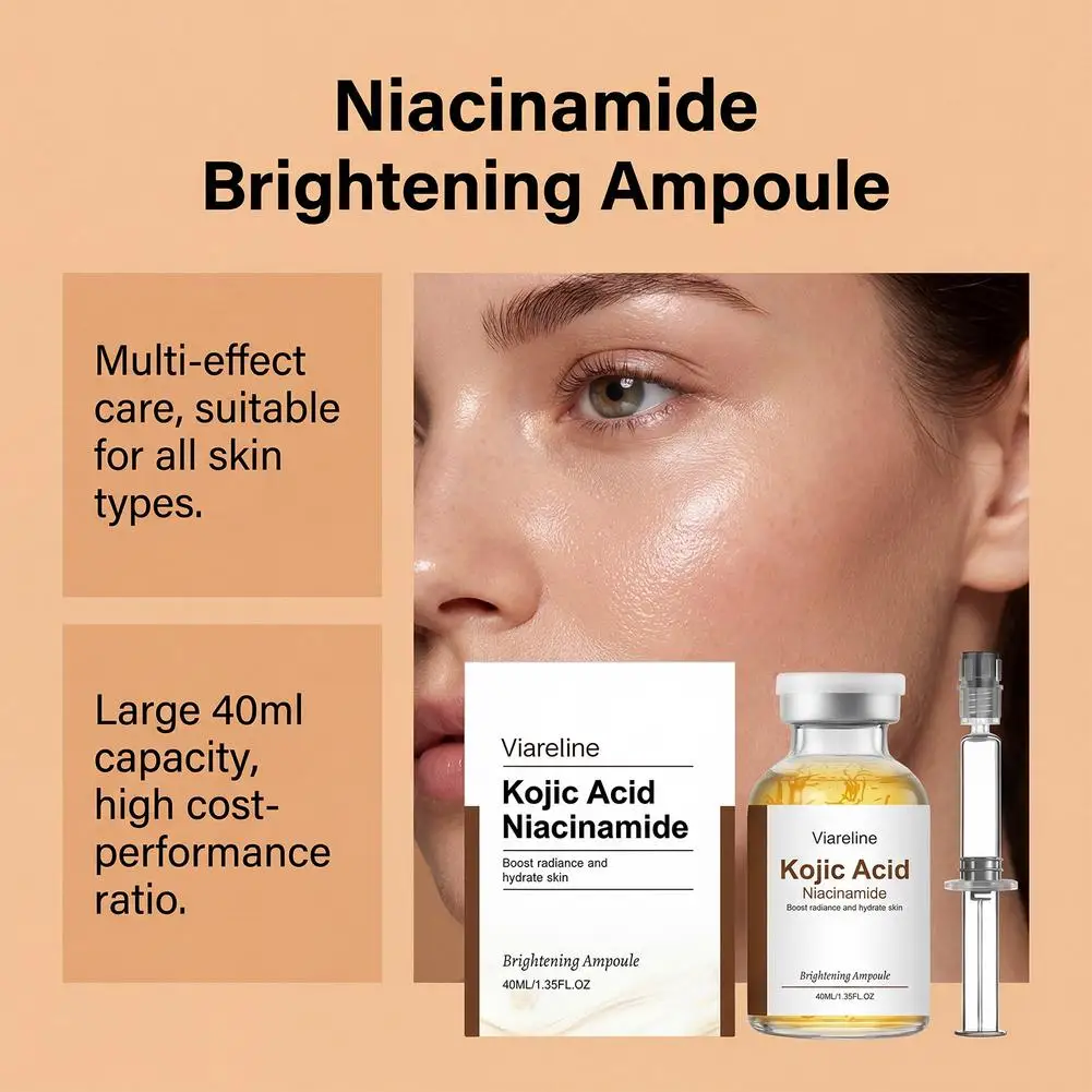 Viareline Kojic Acid Niacinamide Brightening Ampoule 40ml, Anti-Oxidation Facial Essence for Even Skin Tone Hydrating Nourishing