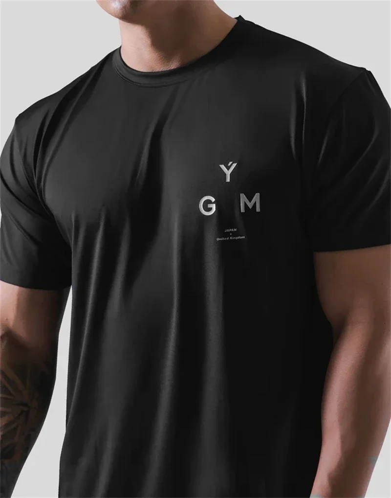 LYFT GYM M-4XL High Elasticity Cotton Mens Short Sleeve T shirt Fitness Bodybuilding Small Letter Print Male Clothing Tee Tops