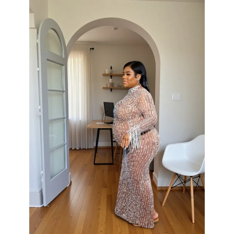 

Stretch maternity dresses photoshoot Fringe Sleeves - Sparkling Rhinestones perspective Pregnancy Gown Baby Shower Comfort